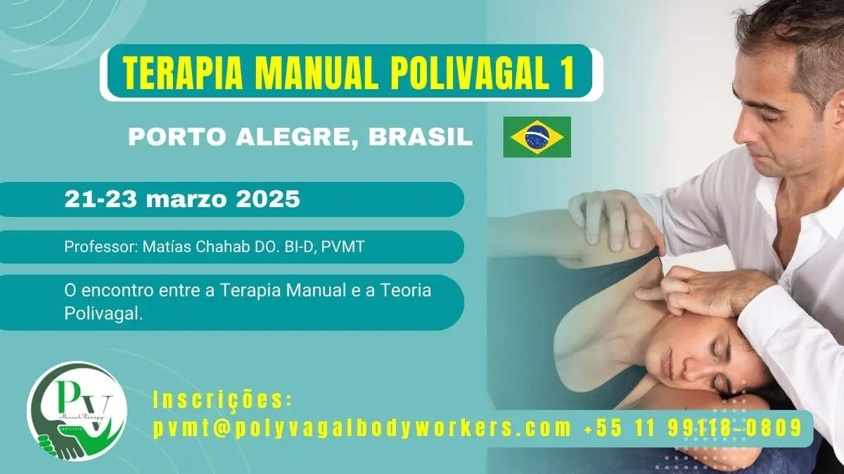 Cartaz do curso Terapia Manual Polivagal Módulo 1 em PORTO ALEGRE com informações de data e local.