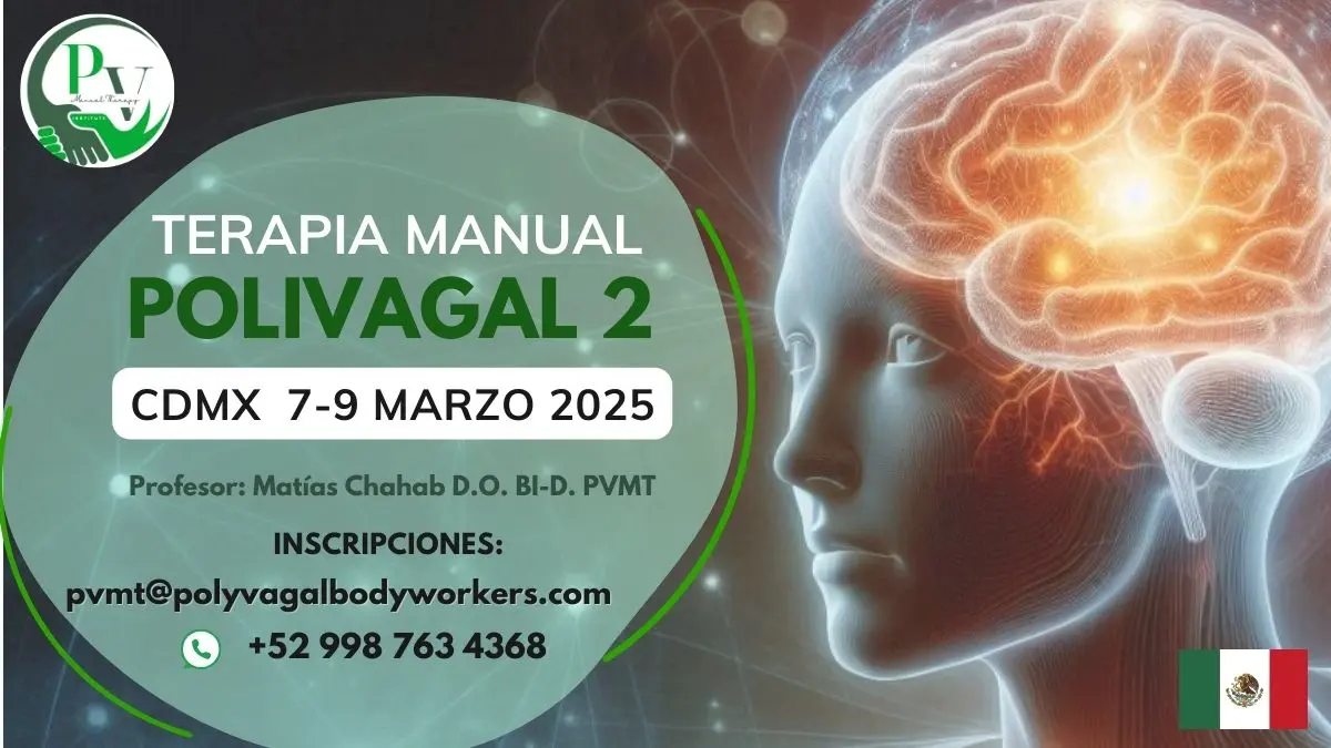 Cartel del curso Terapia Manual Polivagal Módulo 2 en CDMX con información de fecha y lugar.