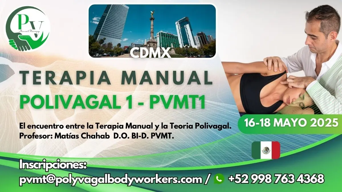 Cartel del curso Terapia Manual Polivagal Módulo 1 en CDMX con información de fecha y lugar.